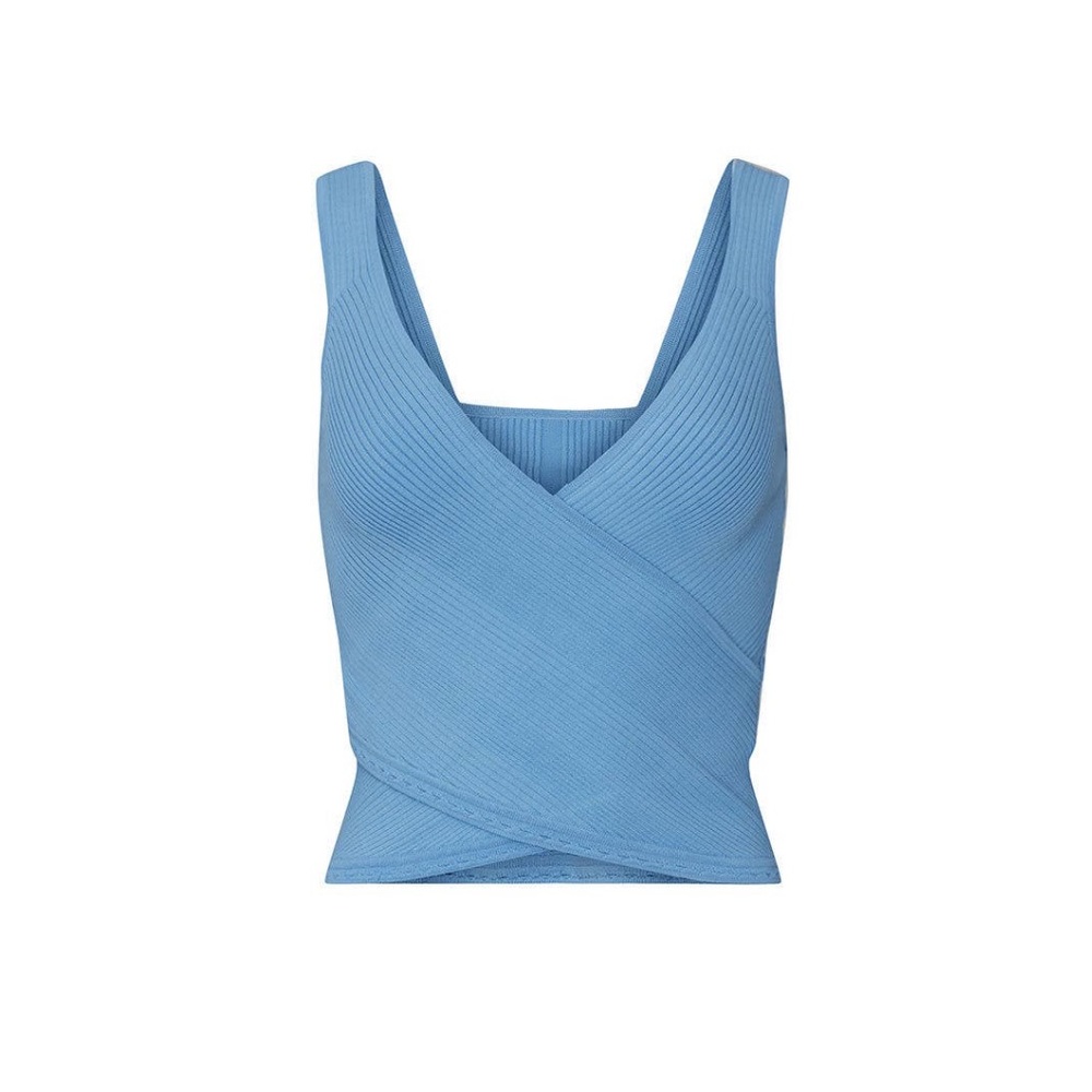 Jonathan Simkhai Cornflower Sky Blue Ribbed Wrap Tank Top - straps altered